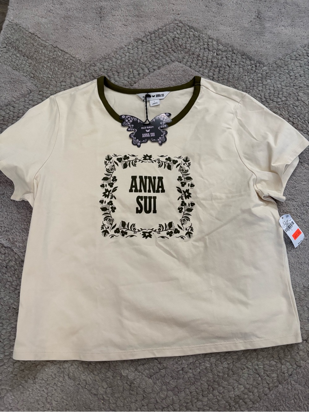 Anna Sui Cream Short Sleeve Tee with Olive Trim and Olive Logo